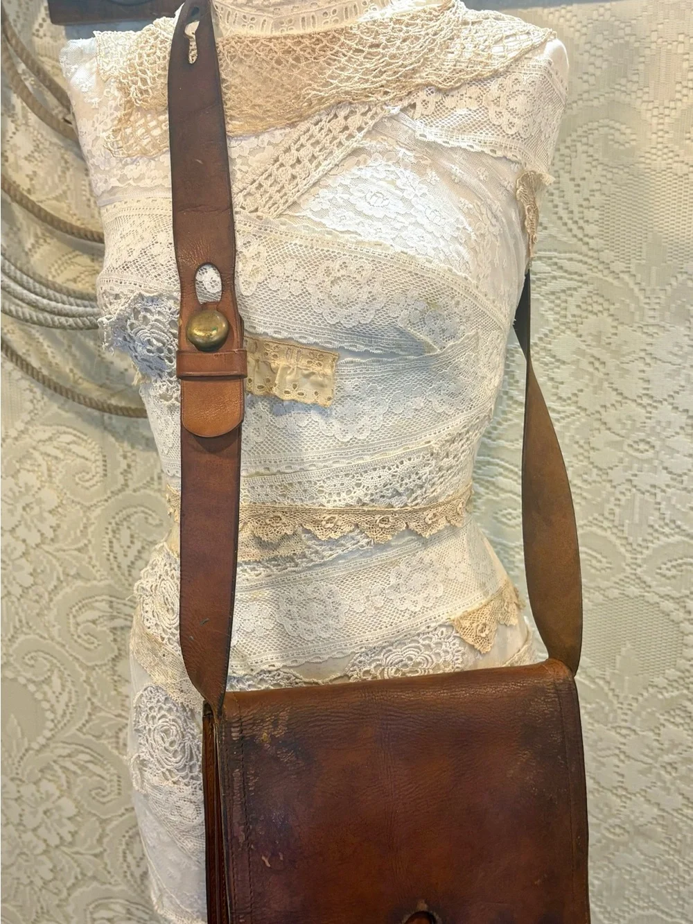 Vintage Brown Leather Crossbody Bag with Brass Accents